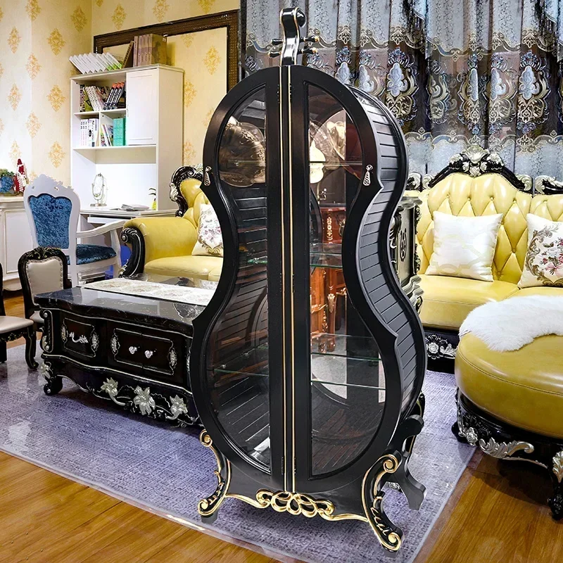 Violin Wine Cabinet Solid Wood Carved Glass Double Door Living Room