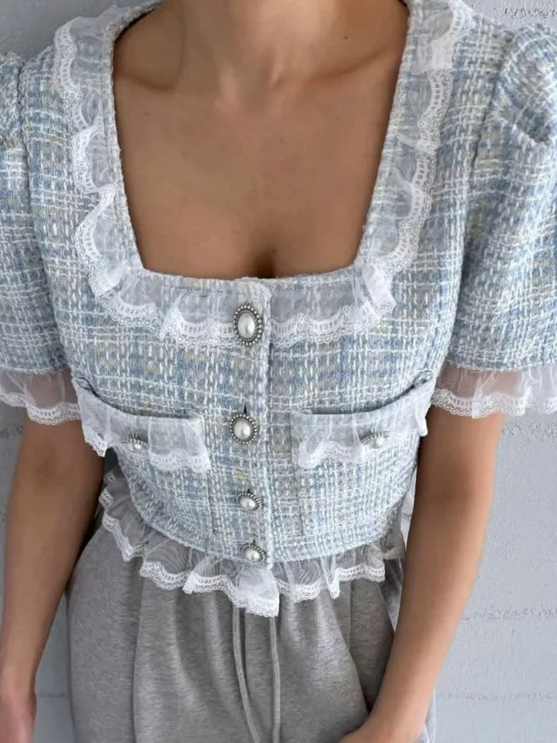 

ort Lace Trimmed Square Collar Patchwork Design Women's Jaet Korean Sle Retro Bicolor Sensation Summer New Arrival