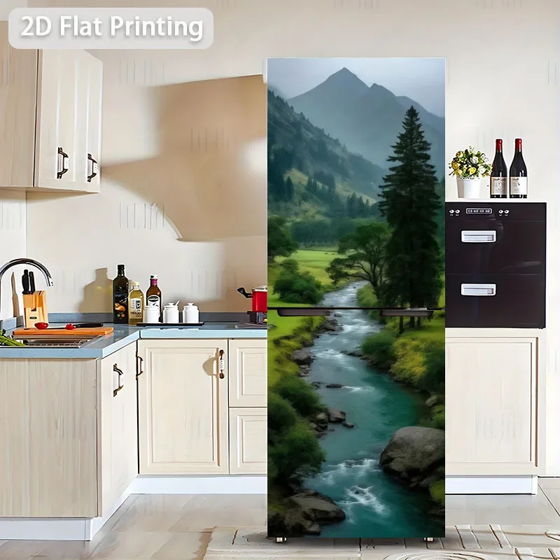 [2D Flat Printing] 1pc Fridge Magnet Sticker 60 X 180 Cm Mountain River Landscape Scene Design Wall Decoration Self-Adhesive S