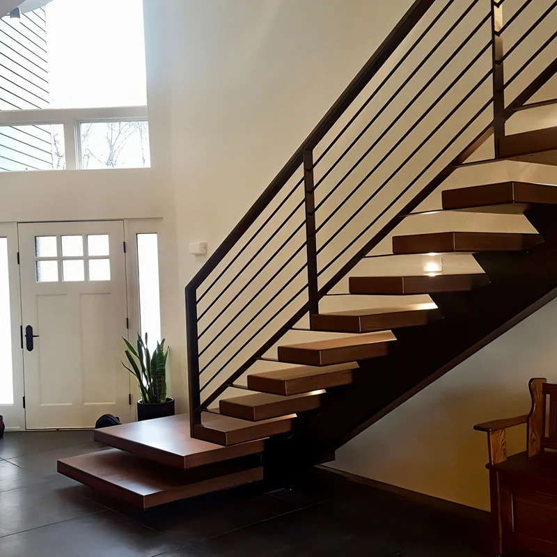 Custom Straight Staircase Design Modern Home Steel Staircase Metal Railing Interior Solid Wood Treads For Sale
