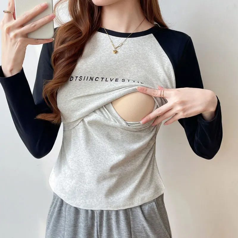 

Футболка для беременных и кормящих женщин на осень и зиму — лоскутные хлопковые мягкие привлекательные и удобные футболки базового слоя для послеродового периода