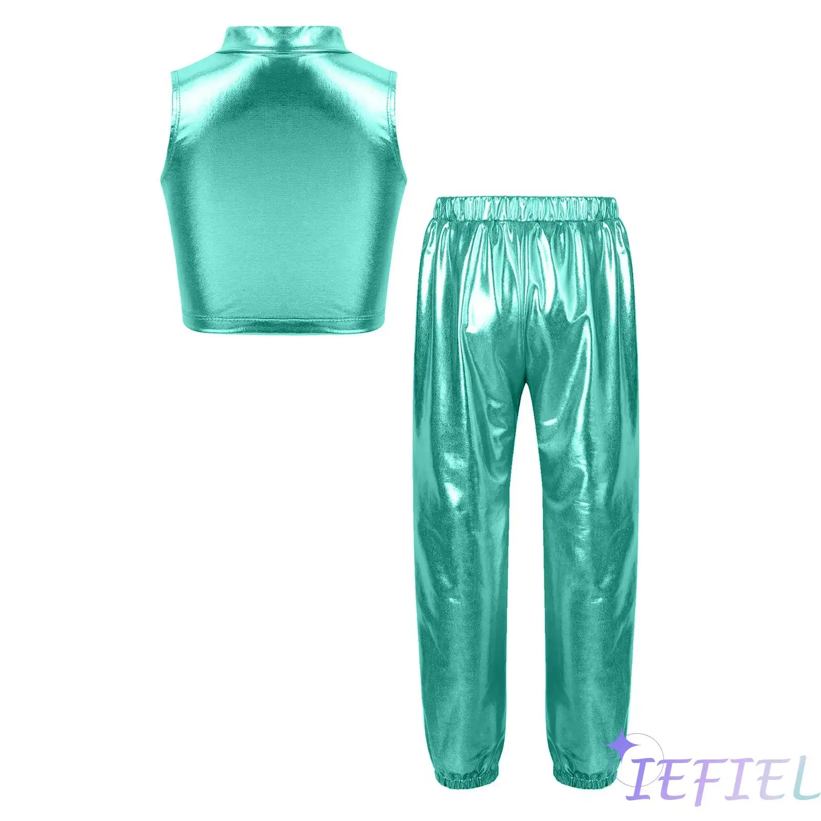 

Kids Girls Jazz Hip Hop Ballet Dance Tank Top Metallic Sleeveless Mock Neck Vest+shiny Pants for Dance Stage Performance Workout