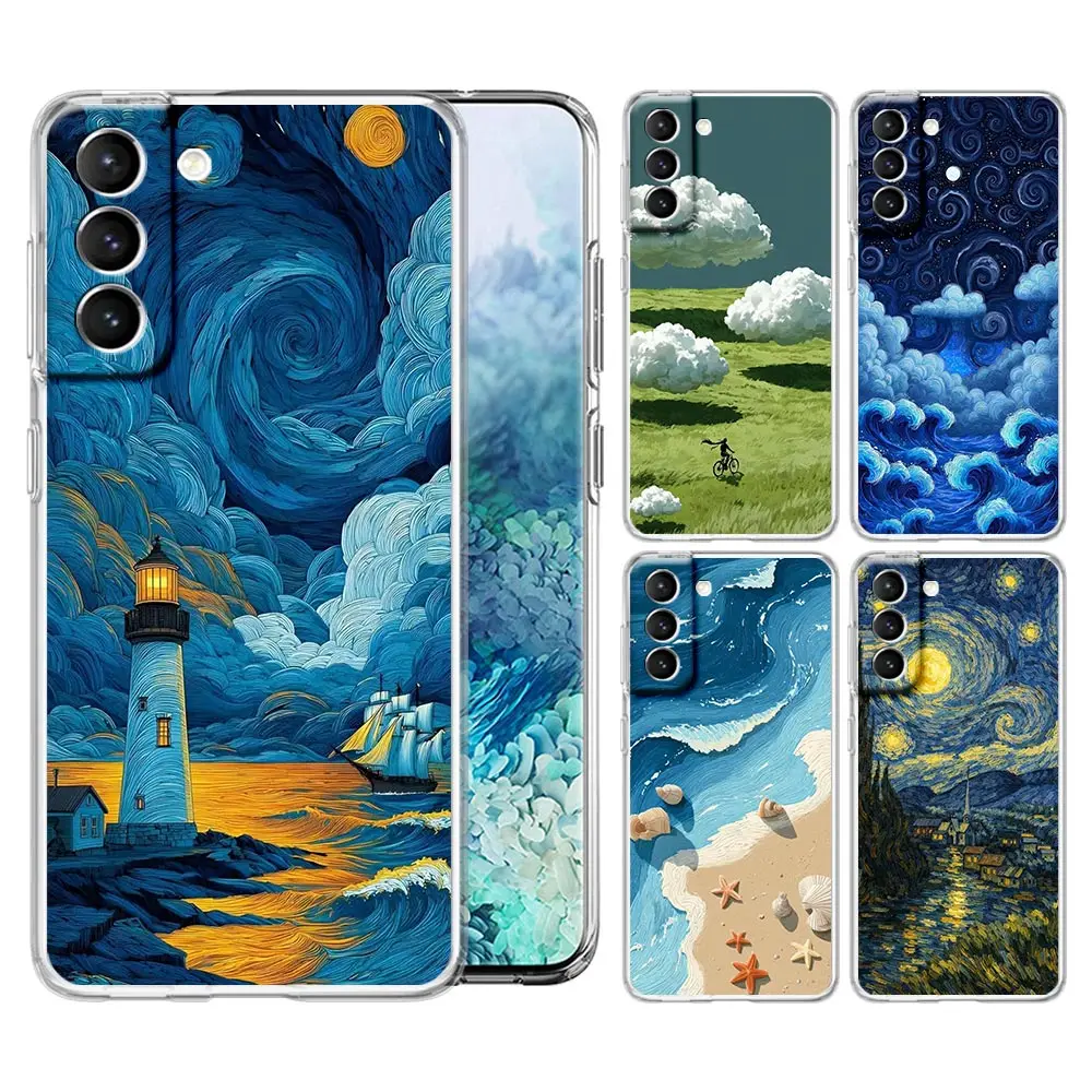Draw Gogh At Night Landscape Clear Phone Case For Samsung Galaxy S26 S25 FE S24 + S23 S22 S21 Ultra S20 5G S10E Plus Cover