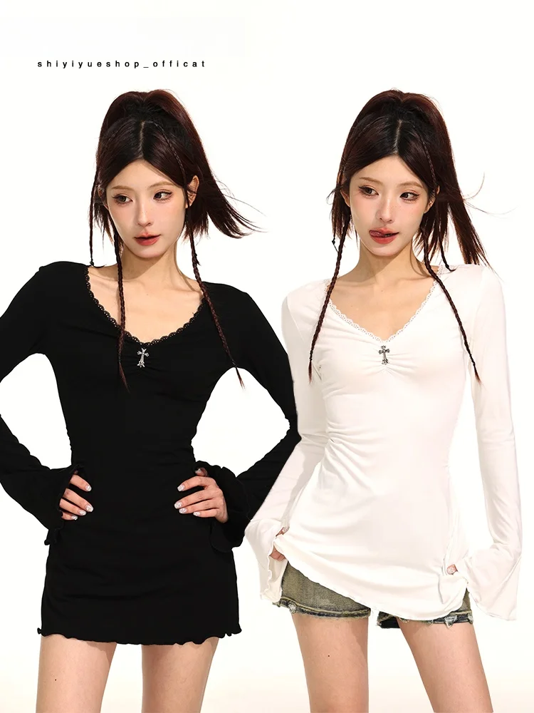 

Pure Desire Sweet Spicy Long Sve Футболка с V-образным вырезом и кружевной отделкой Женская облегающая футболка миди Base irt Топ Повседневная осенняя одежда