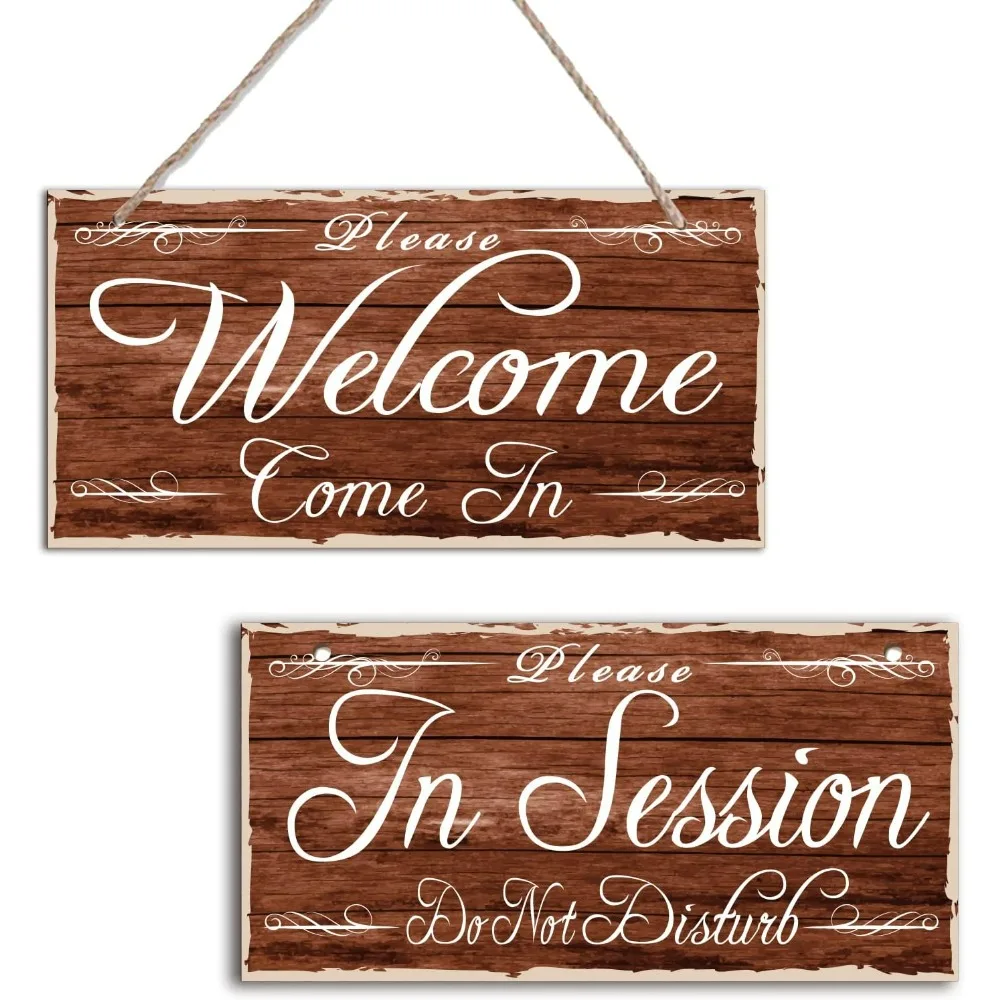 1 PCS Hanging Sign Welcome/in Session Double Sided Wooden SignWall Decor Board Door Hanging Signs Natural Wood Hanging Wall