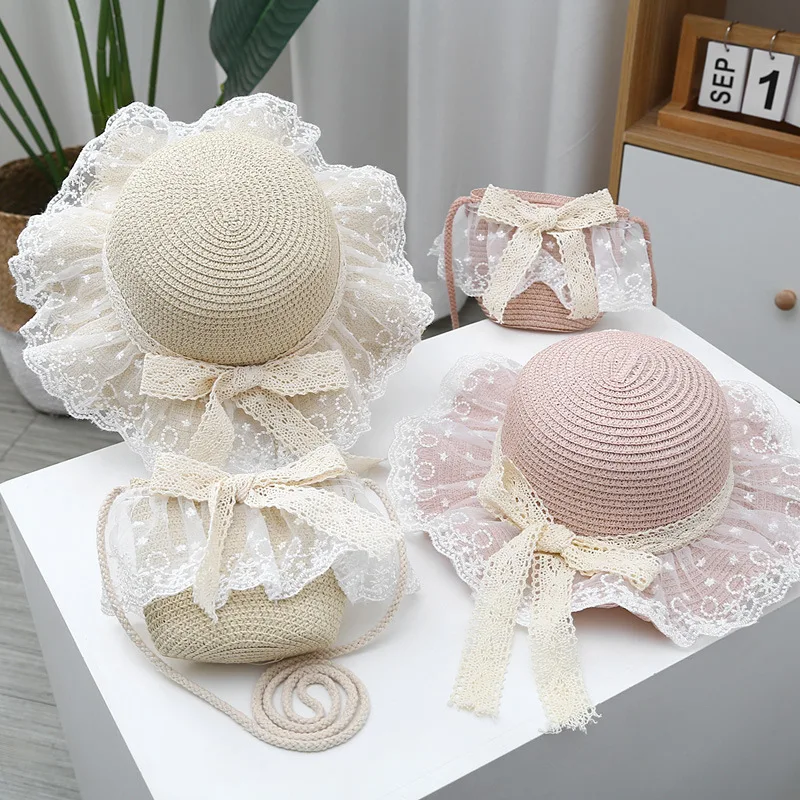 2pcs Kids Summer Bucket Hat Straw Hat & Bag Pack, Western Style Cute Flower UV Protection Sunshade Sun Hat