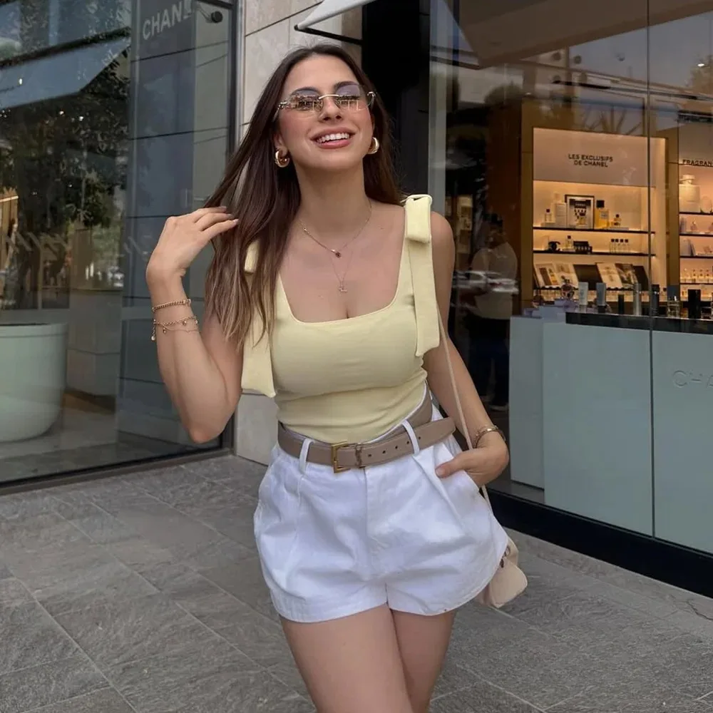 KONDALA Sexy Chic Yellow Bow Tops Women Zipper Tie Up Slim Short Cami Tops Women Fashion 2025 Summer Elegant Y2K Girl Blouses image 3
