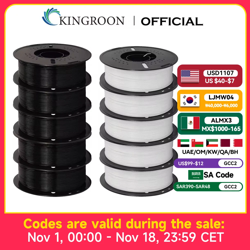 KINGROON 10KG PLA/ ABS/ PETG Filament 1.75mm Black White Gray , Wholesale 10 Rolls PLA ABS PETG Plastic For 3D Printer