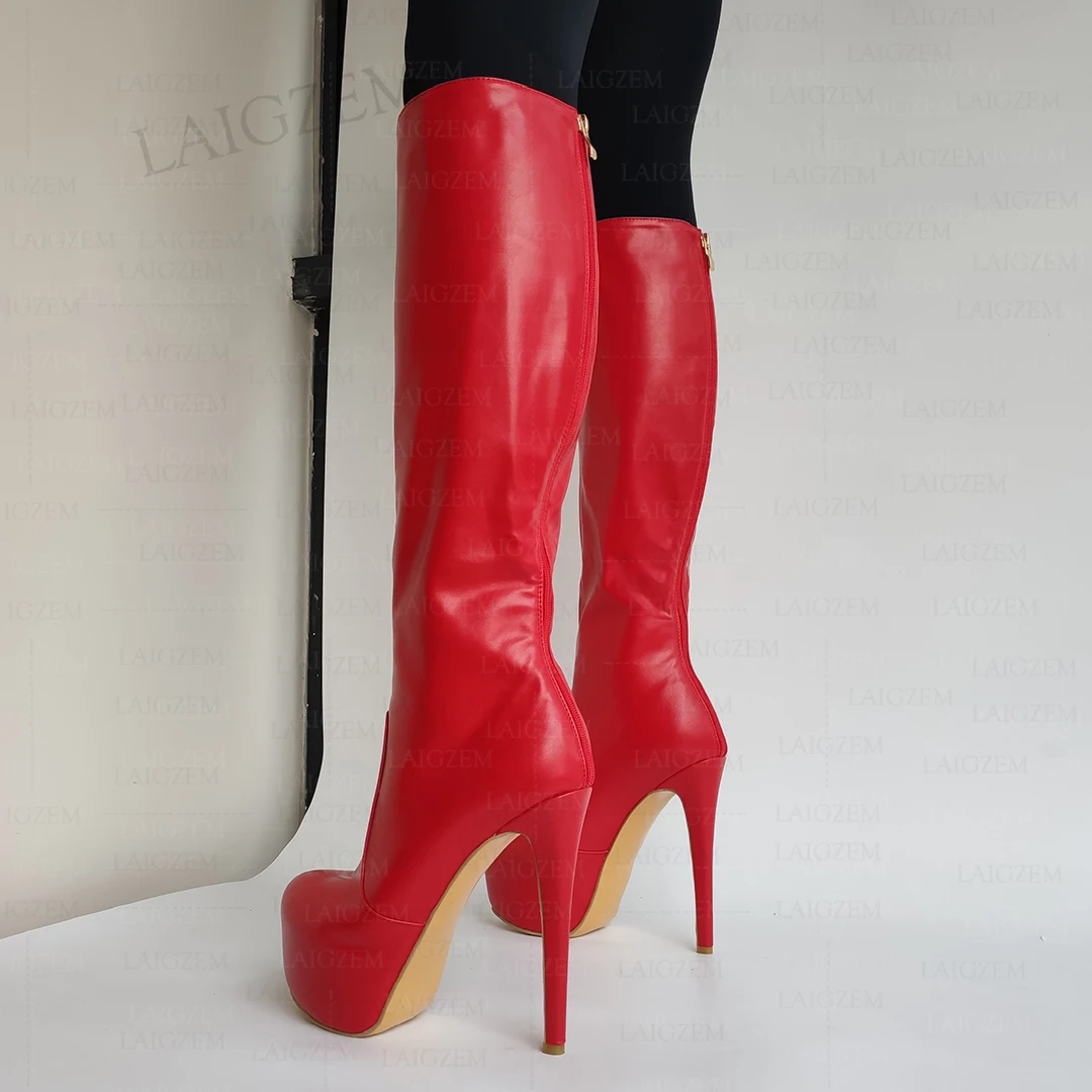 LAIGZEM Frauen Kniehohe Stiefel Plattform Kunstleder Zurück Zip Up Dünne High Heels Stiefel Damen Schuhe Frau Große Größe 41 43, 45 47