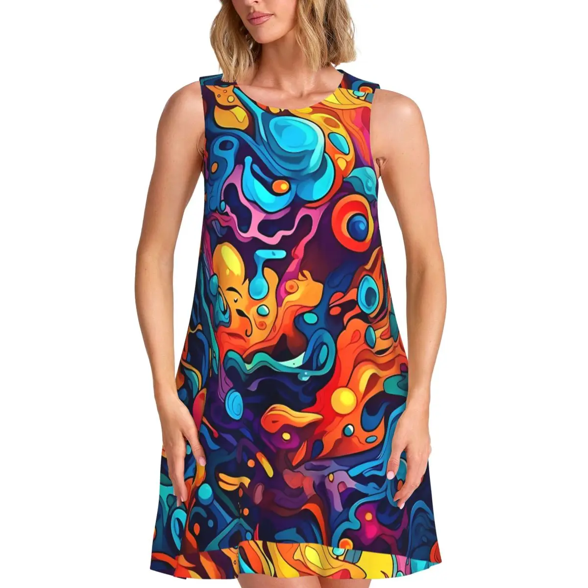 Abstract Graffiti Doodle Print Casual Dress Basic Dresses Sleeveless Night Club Dress Hot Sale O Neck Women Pattern Vestido