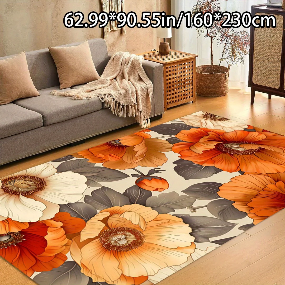 VIKAMA Boho Fall Poppy Flower Indoor Rug Warm Orange Cream Floral Pattern Non‑Slip Stain‑Resistant Washable Floor Mat for Home