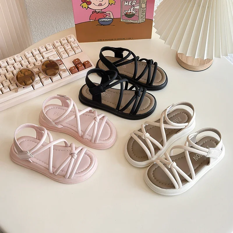 Girls Gladiator Summer Sandals with Knot Fashion Classic Princess Kids Beach Shoes 2025 Brand New Soft Flat Open Toes Anti-skid