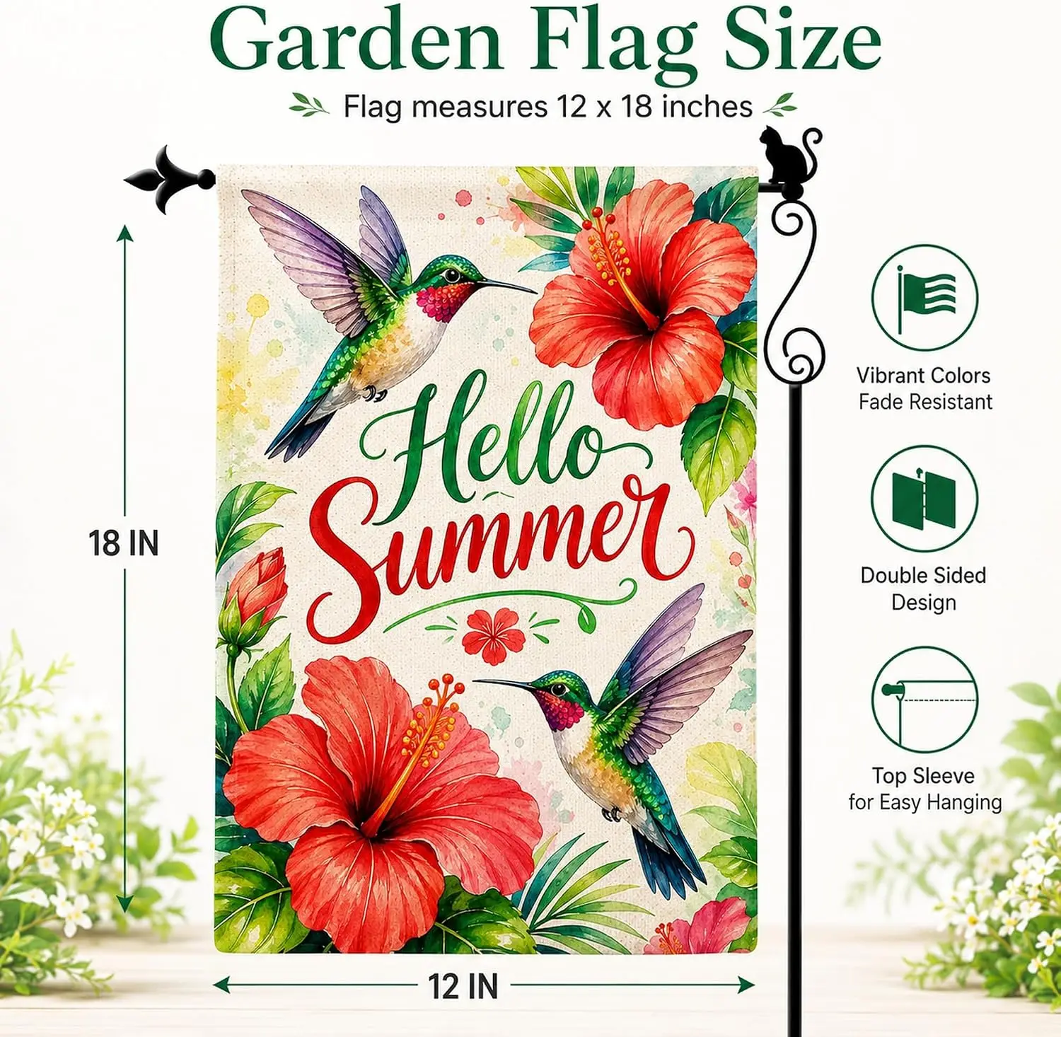 Hello Summer Hibiscus Hummingbird Garden Flag, Double Sided 12 x 18 Inch Burlap Outdoor Yard Flag for Porch Patio Lawn Decor llp