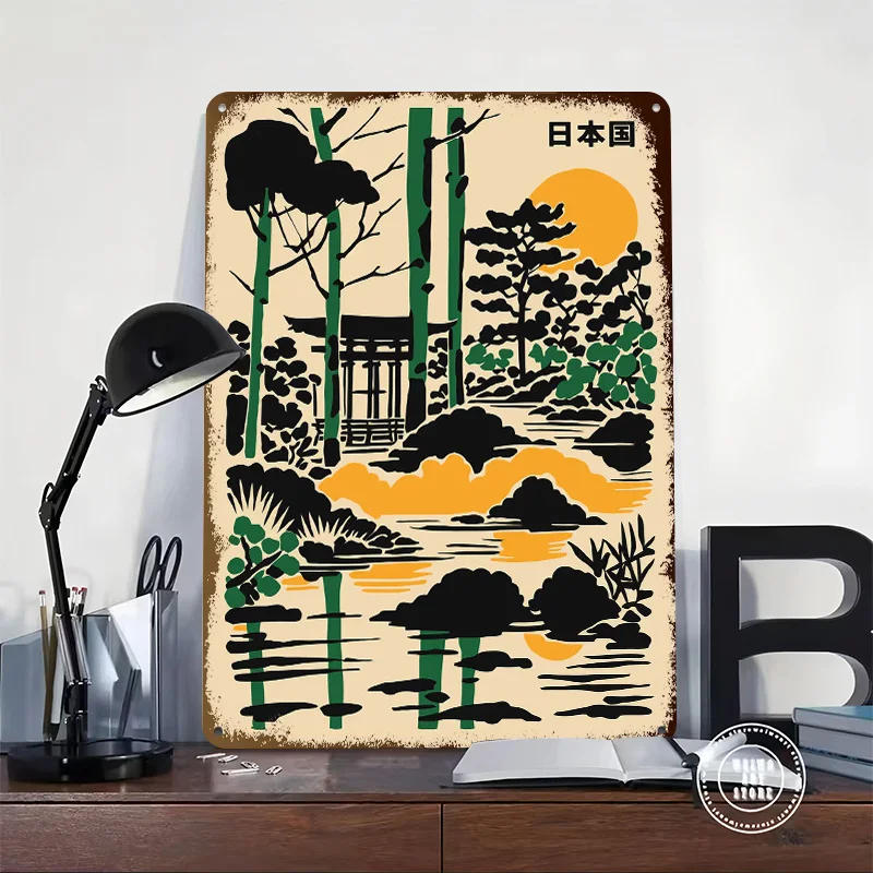 Japanese Garden With Torii Gate Tinplate Poster Custom Wall Art Vintage Metal Signs Retro Tin Plaque for Aesthetic Room Decor