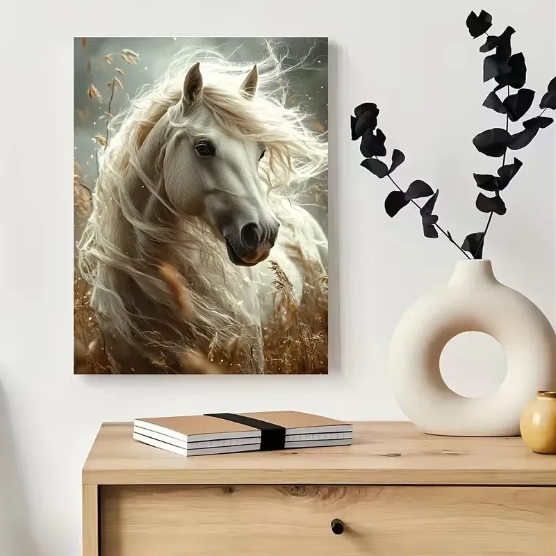 Multiple Sizes 1pc Frameless Canvas Painting,White Horse Golden Wheat Fields and Meadow Rustic Poster and Prints Canvas Painting