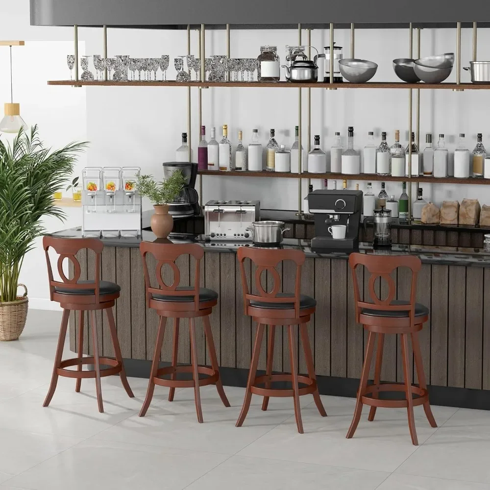 Banco de bar, cadeiras de altura de bar com encosto ergonômico, apoio para os pés e assento estofado, banco de bar de madeira para ilha de cozinha