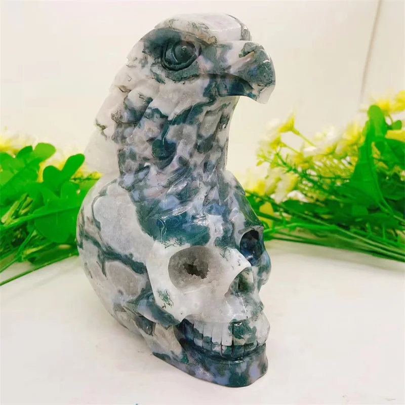 Natural Moss Agate Eagle Skull Carving Animal Statue Healing Energy Lucky Gem Crafts For Home Room Decoration 1pcs