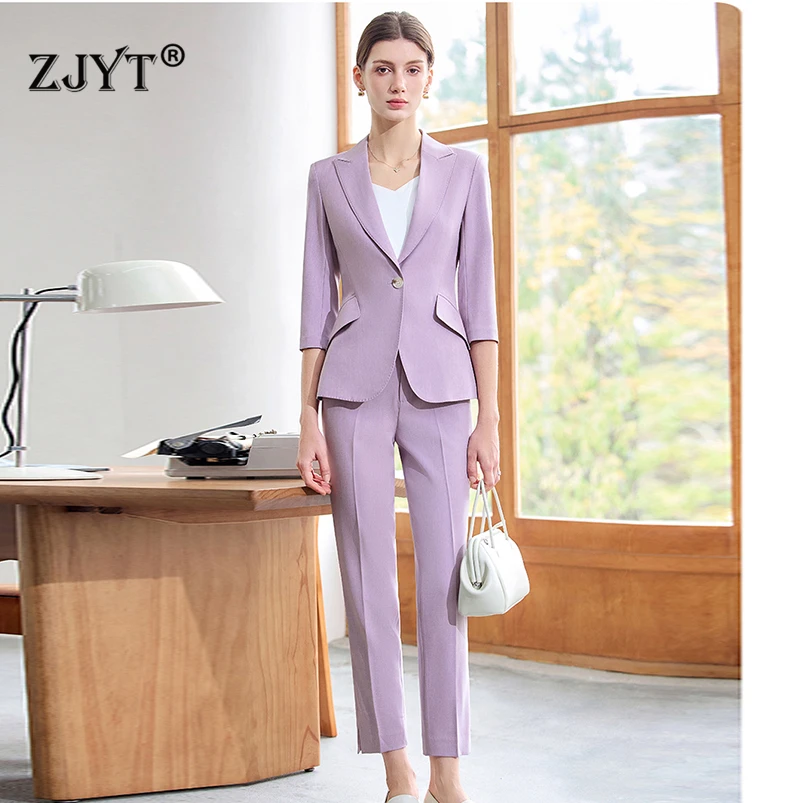 ZJYT Elegante zakelijke chique formele driekwart mouw blazer broek sets 2-delige damesoutfit lente 2025 jas broek past