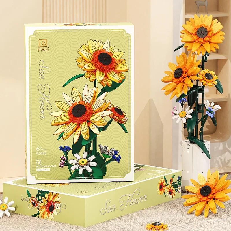 821pcs Sunflowers Daisy Vase Flower Model Building Blocks MOC Ideas Home Decor Plant Collection Bricks Ideas DIY Toy Gift Girls