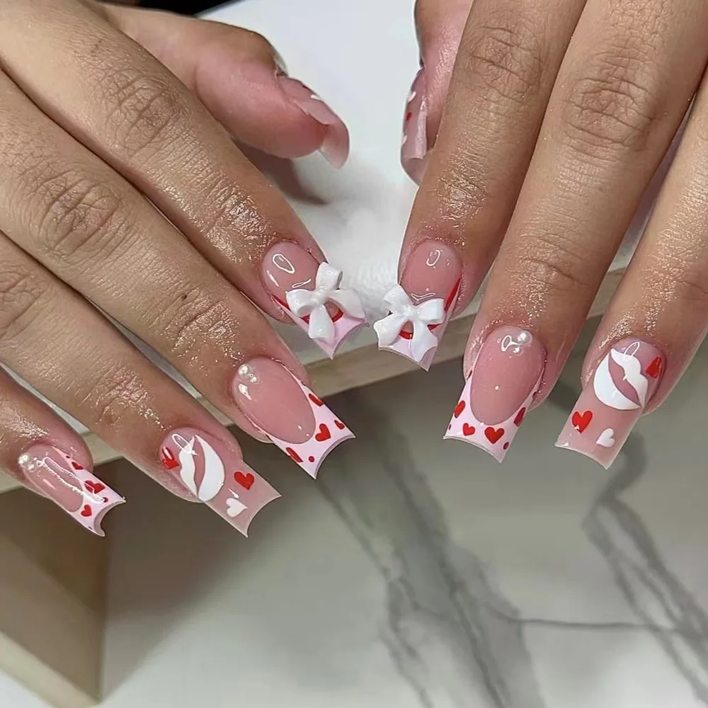 24pcs White Bow Press on Nails Ins French Red Heart Lip Print False Nails Women Lady Wearable Valentine's Day Gift Fake Nails