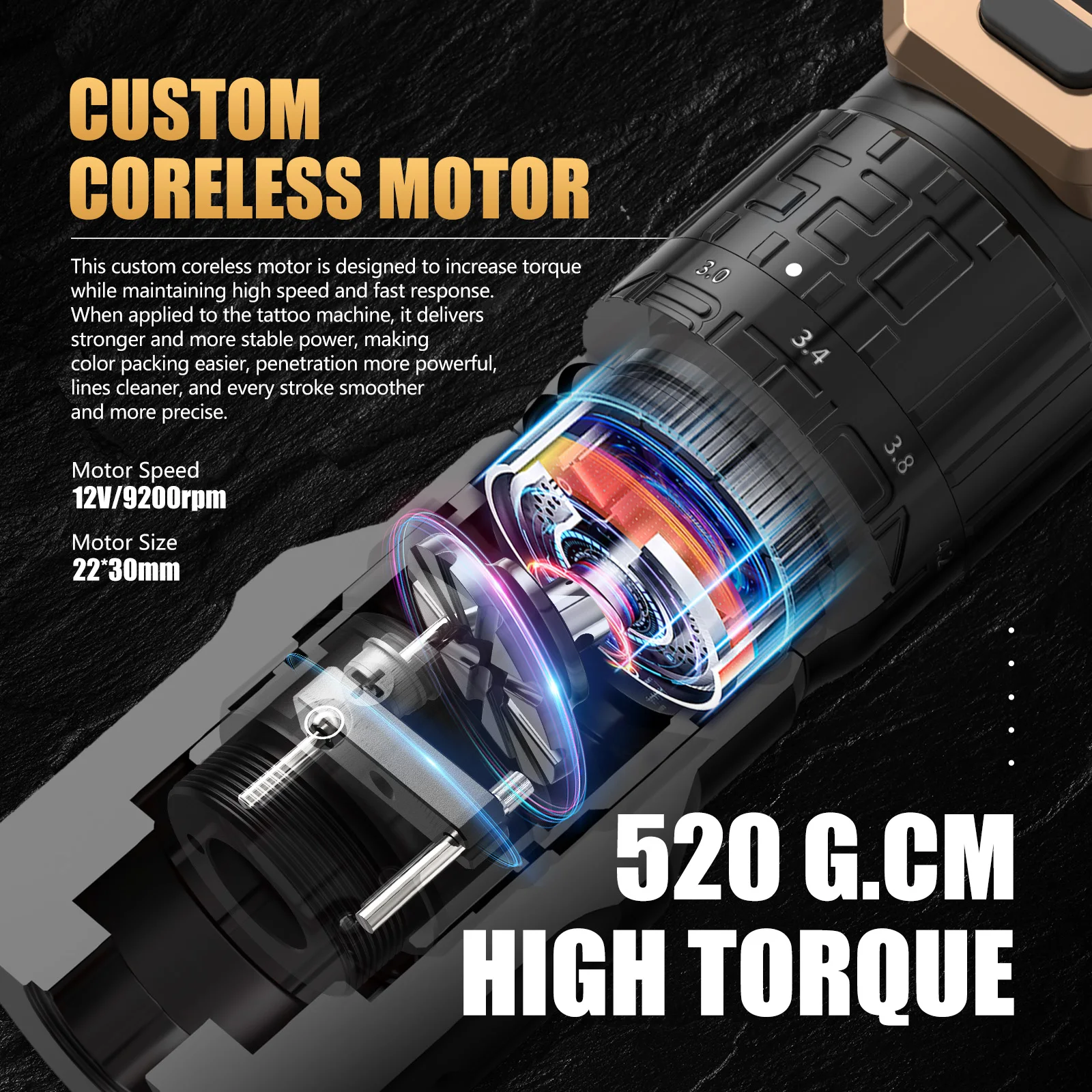 Ambition Soldier Pro 520 Macchina per tatuaggi wireless Corsa regolabile 2.2-4.2mm Penna per tatuaggio Coppia 520g.cm Motore Coreless 2400mAh