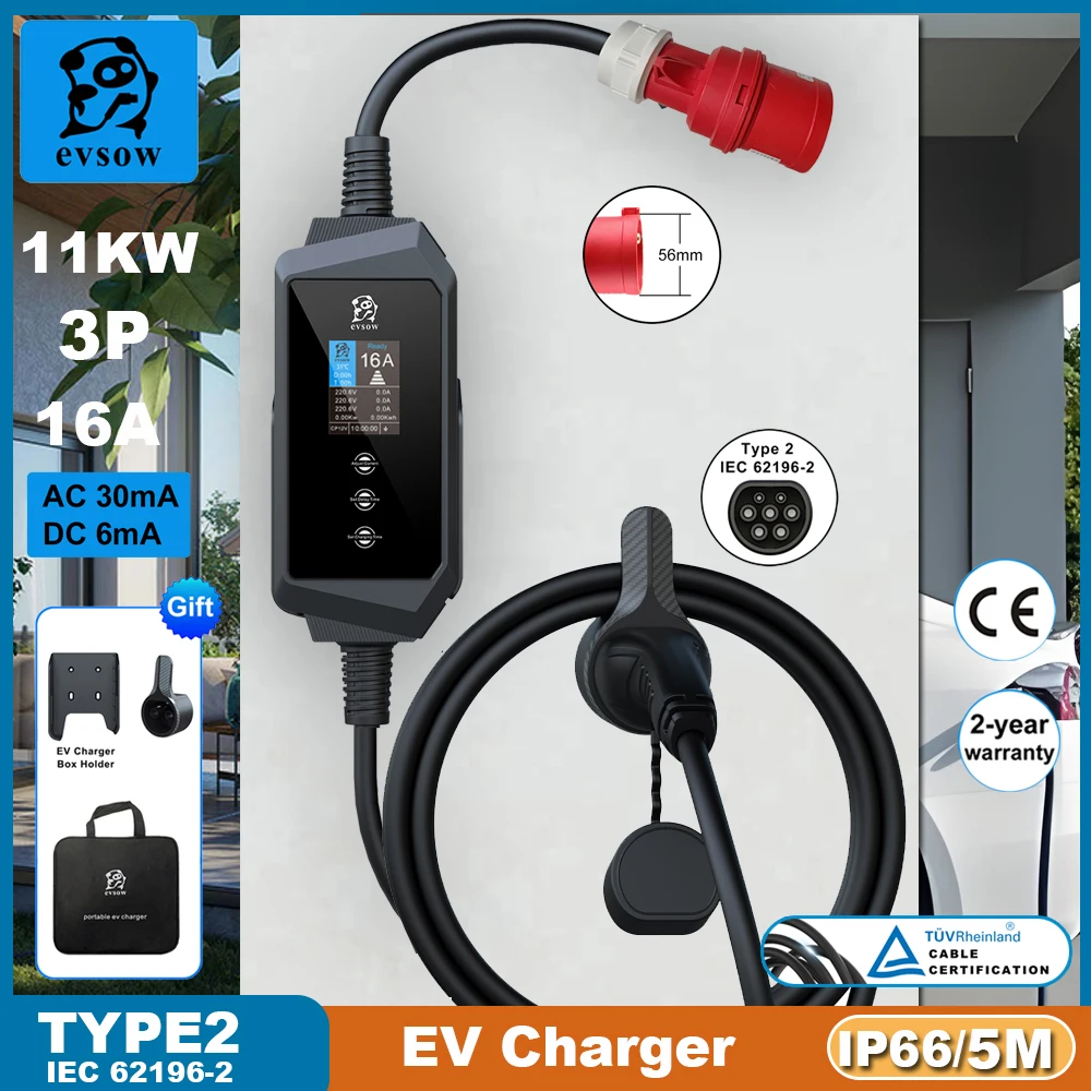 Evsow แบบพกพา EV Charger Type2 11KW 16A 3P ไฟฟ้า Car Charger Current ปรับ & การตั้งค่าเวลาชาร์จ EVSE Wallbox Station