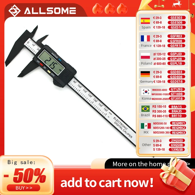 ALLSOME Digital Caliper Electronic Vernier Caliper Calliper Micrometer Digital Ruler Measuring Tool 150mm 0.1mm