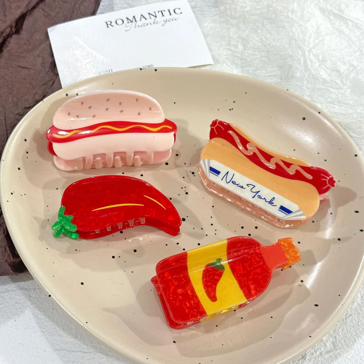 Clip de agarre para salsa de chile, comida de simulación creativa de chile para perro caliente, novedad en la parte posterior de la cabeza, horquilla updo, clip de tiburón, 1 ud.