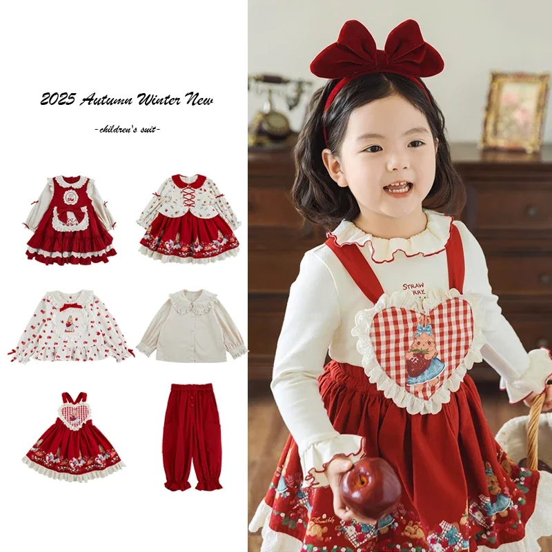 

Одежда для девочек, осень-зима 2024, платье принцессы в стиле Лолиты для девочек, шаль, футболка и брюки, комплект, платье на день рождения, красное платье для девочек