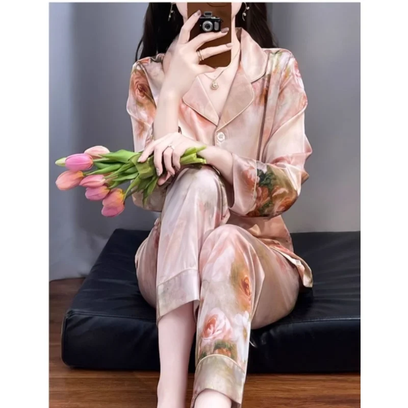 

Women Spring and Autumn Home Dress Set Women Ice Silk Summer Sets Light Luxury Senior Sense New Water Light Silk French Pajamas