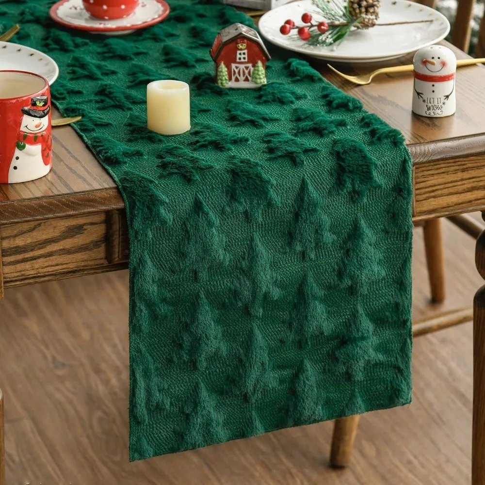 

Plush Embroidered Christmas Tree Table Runner Embossed Design Rectangular Christmas Table Cover Long Dining Tablecloth