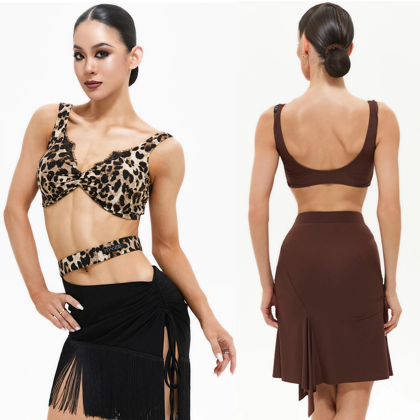 Latin Dance Clothes Women Practice Wear Leopard Vest Bra Drawstring Skirts Chacha Rumba Dance Costume Training Clothing DNV25211
