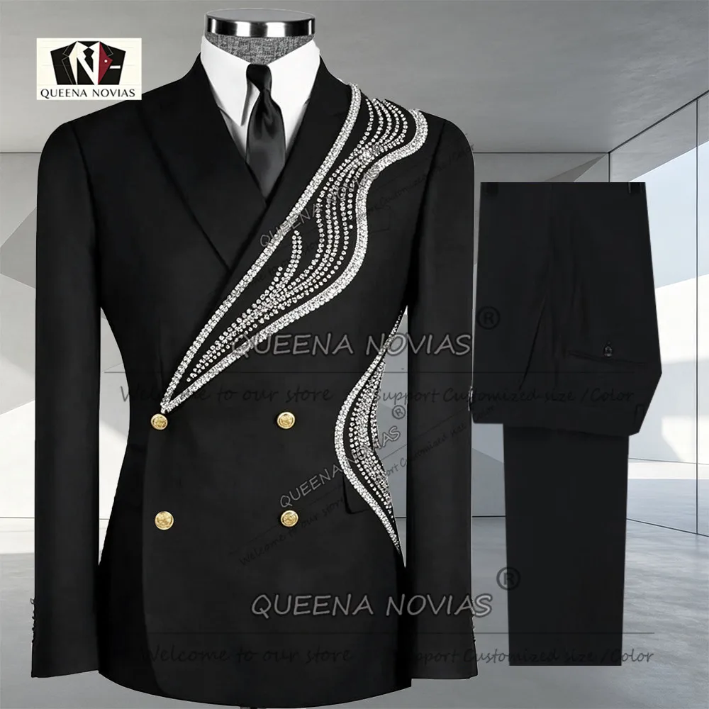 Handmade Beading Stones Suits Men Double Breasted Jacket Pants 2 Pieces Tuxedo Customized Groom Versatile Multi Occasion Clothes