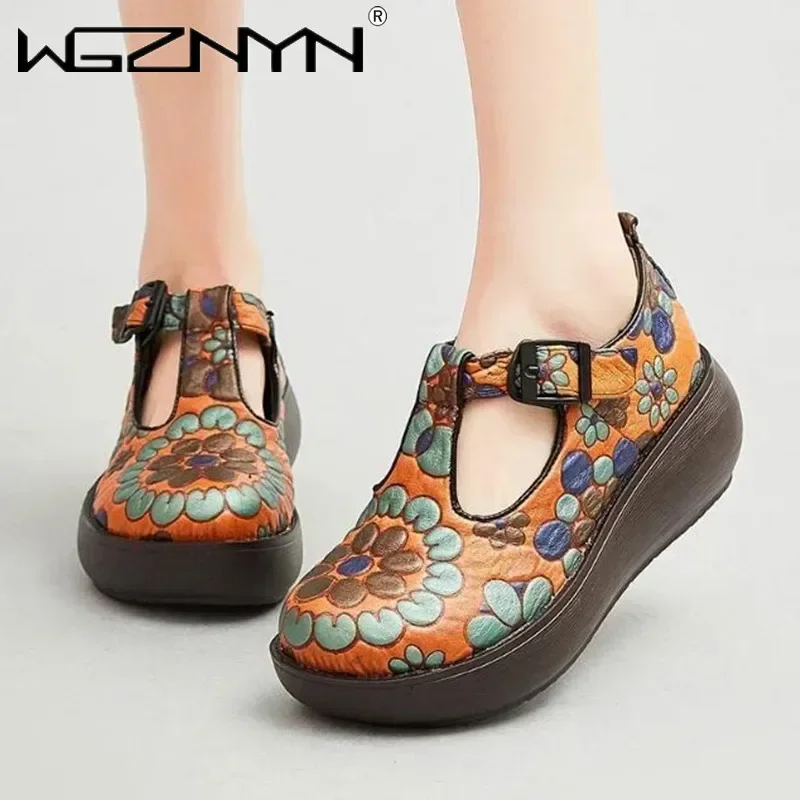 2025 New Fashion Luxury Genuine Leather Pumps Women Shoes Print Spring Autumn Retro Buckle Strap High Heels Ladies Sneakers Shoe