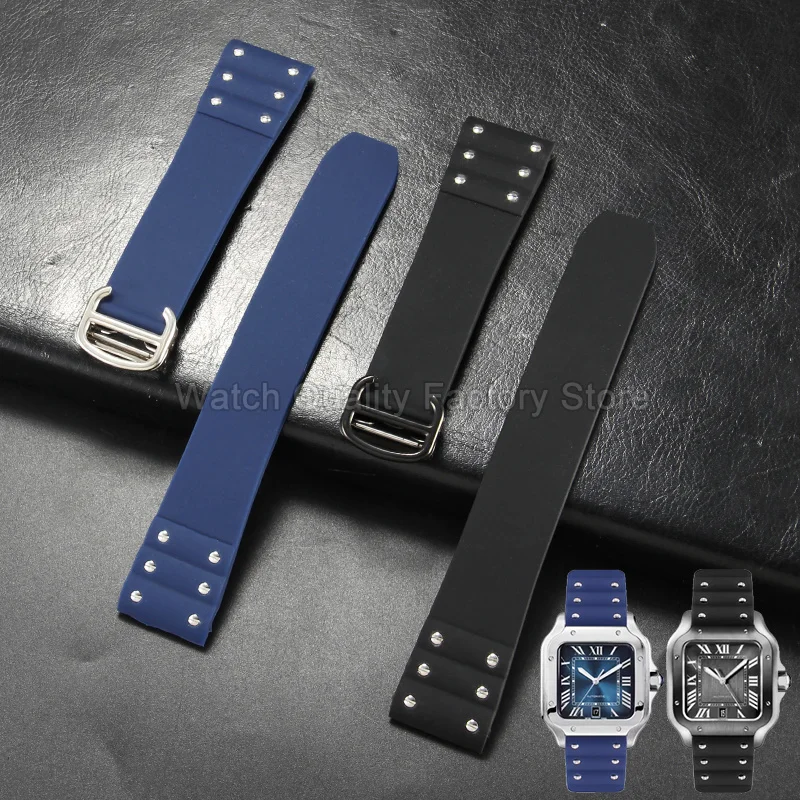 For Cartier Santos Sandoz 100 21mm Seamless Black Resin Watch Strap with Rivets Flat Interface Breathable Sport Watch Accessory