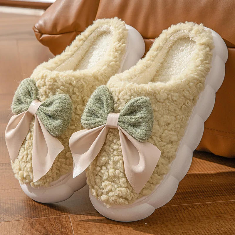 Zapatillas de interior peludas con lazo para mujer, pantuflas de algodón antideslizantes y cómodas para invierno, chanclas cálidas y esponjosas de piel para mujer 2025