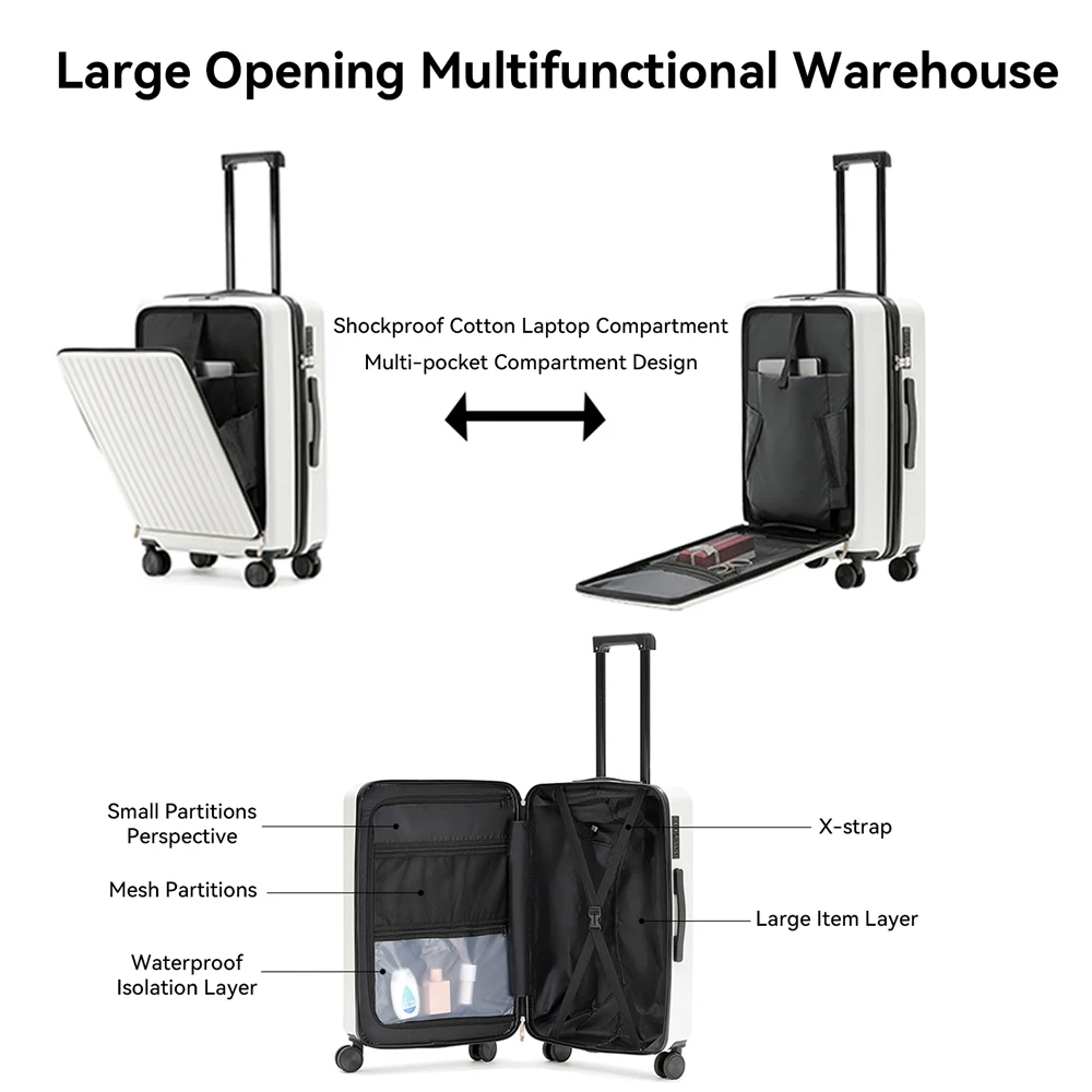 20 Inch Front Opening Cabin Suitcase Spinner Wheel Travel Rolling Luggage For Men Women Trolley Case With TSA Lock,USB Charging