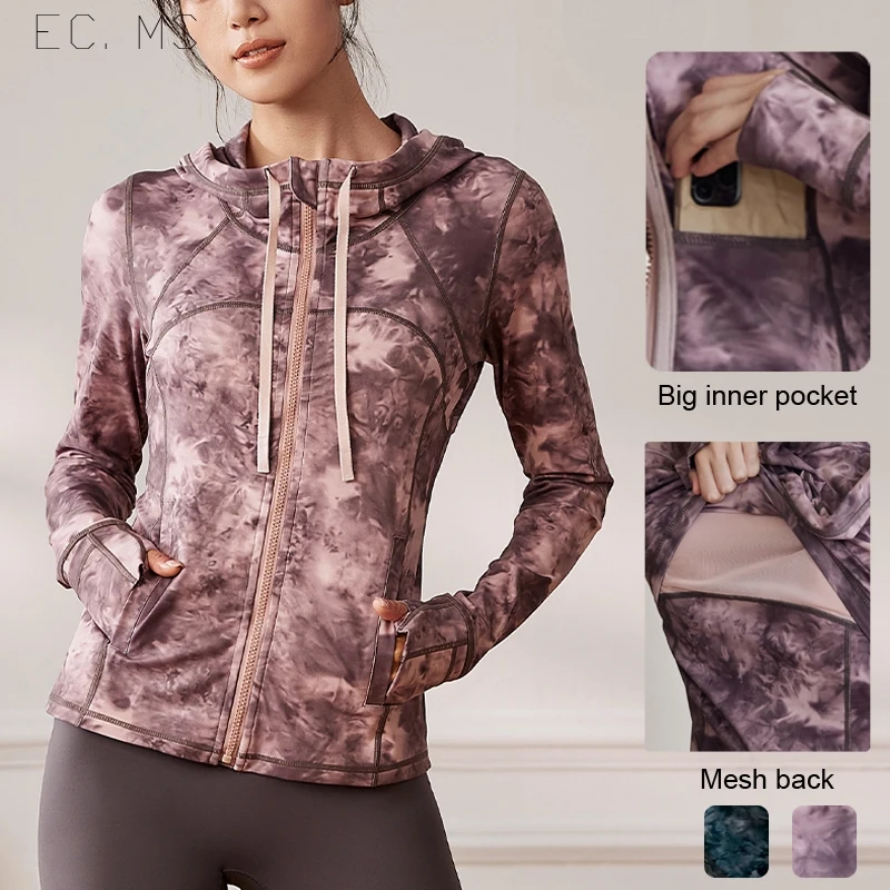 Women Define Hooded Jacket with 3 Pockets Tie Dye Printed Thumbholes Zipper Flex Slim Yoga Riding Running Exercise Sport Top