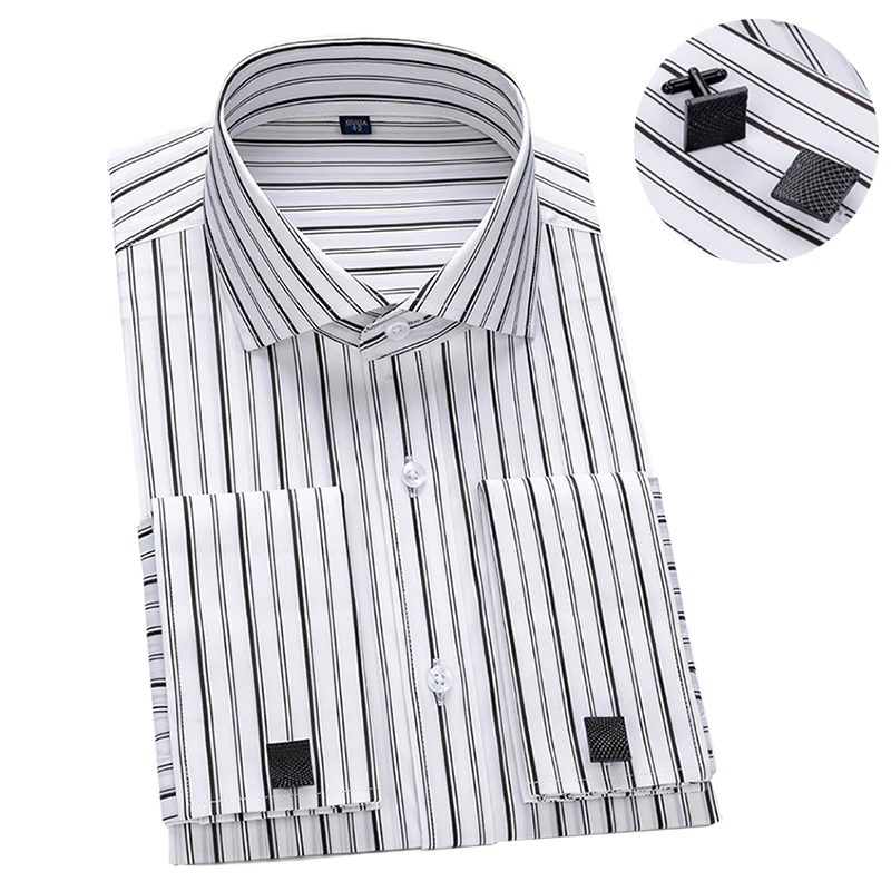 French Cuff Men\'s Long Sleeve Striped Dress Shirt Windsor Collar Luxury Male Business Formal Tuxedo Shirts with Cufflinks