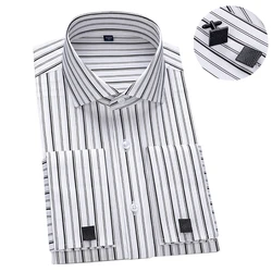 French Cuff Men's Long Sleeve Striped Dress Shirt Windsor Collar Luxury Male Business Formal Tuxedo Shirts with Cufflinks