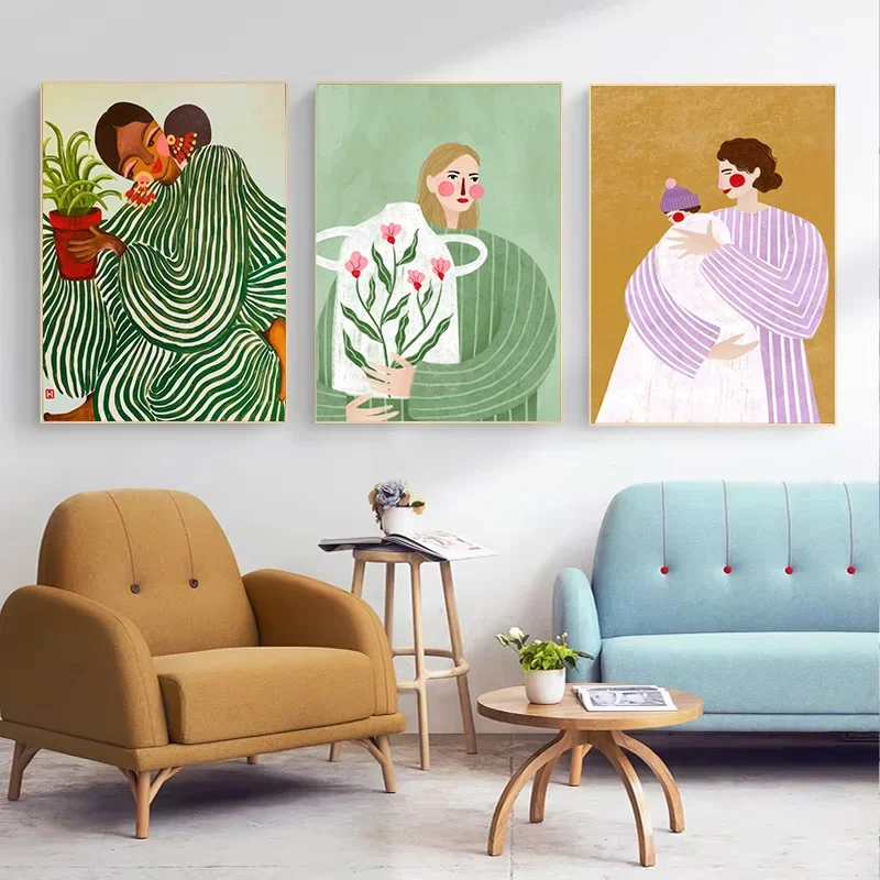 الانطباع شخصية المشارك فستان مخطط المرأة احتضان النبات حائط لوح رسم الفن الديكور مناسبة لغرفة نوم الحديقة