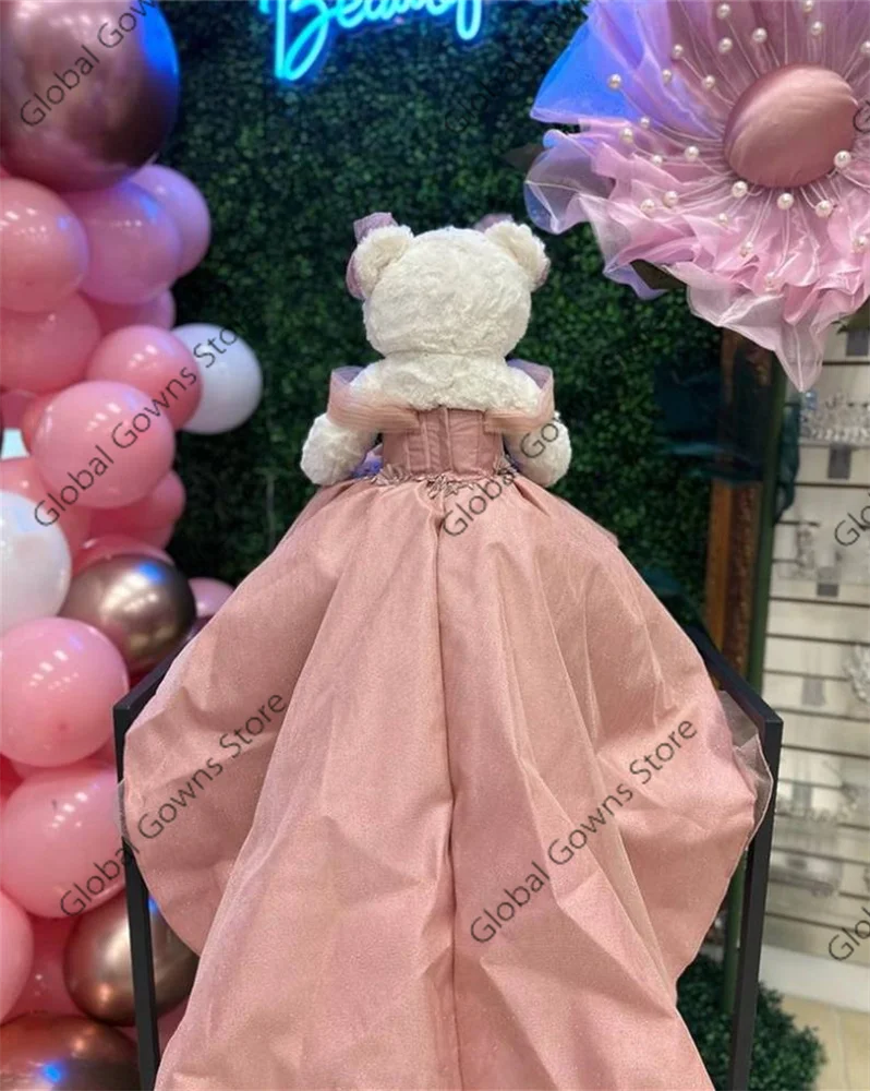 رابط وردي خاص لفستان دمية الدب Quinceanera ، يزين الطيات الأنيقة ، زهور ثلاثية الأبعاد ، Vestidos De XV Años