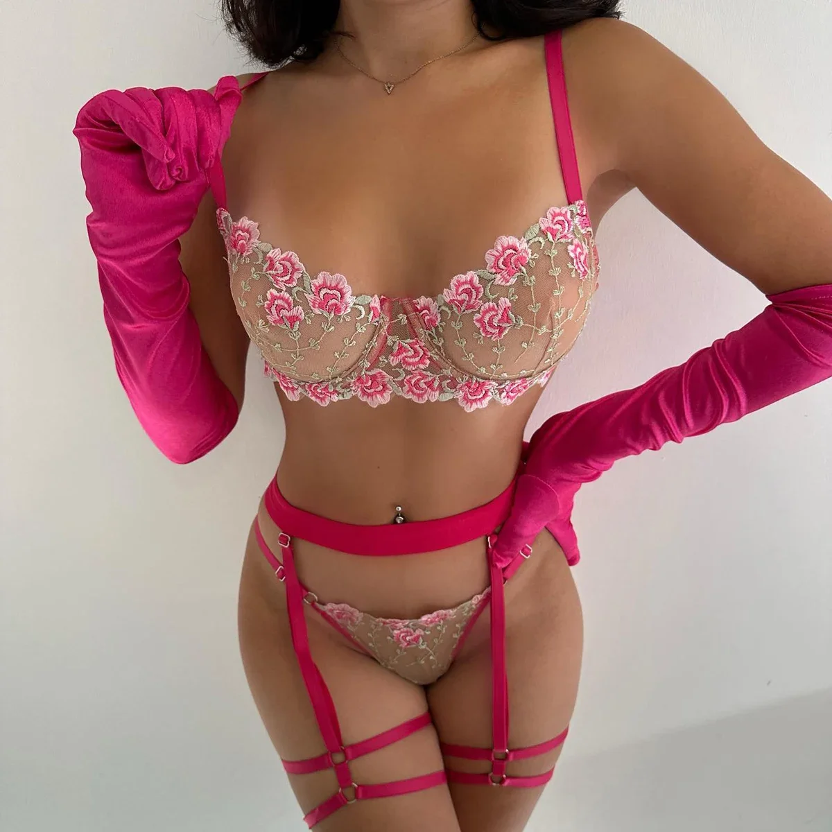 

Women's sexy floral embroidery luxury bra lace mesh transparent hollow backless erotic exotic lingerie panties set of four