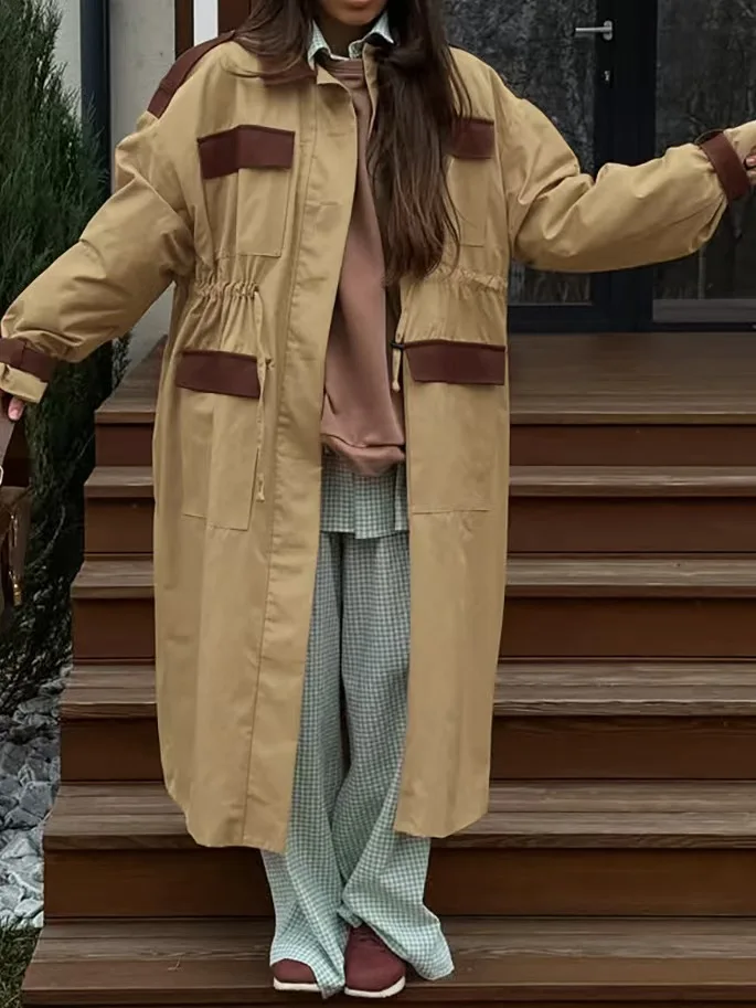 Retro Workwear Contrast Color Casual Collar Long Coat Windbreaker Versatile Long Sleeve Loose Fit Single Button Closure Pure ...