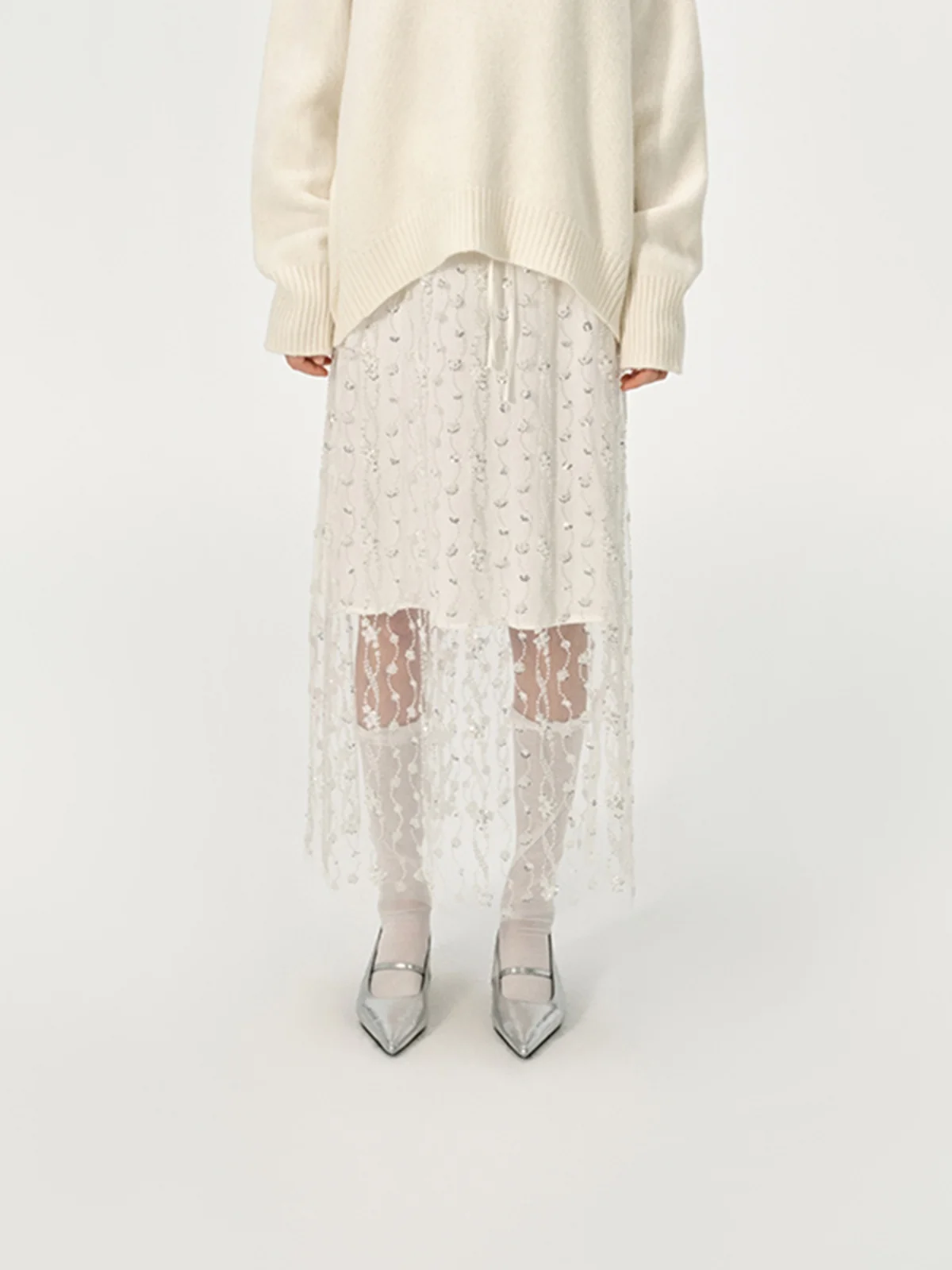 

Brand 3REFOUND TEN Winter 24 Elastic Double Waist Heavy Embroidery Me f Skirt High Waist Midi Skirt Pure Color