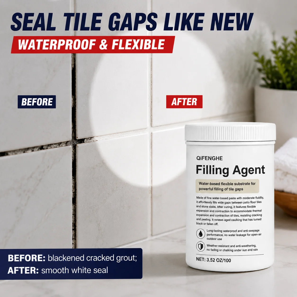 Waterproof Flexible Tile Grout Filler Seal Cracked Blackened Tile Gaps Anti-Leak Anti-Crack Long Lasting Renovation
