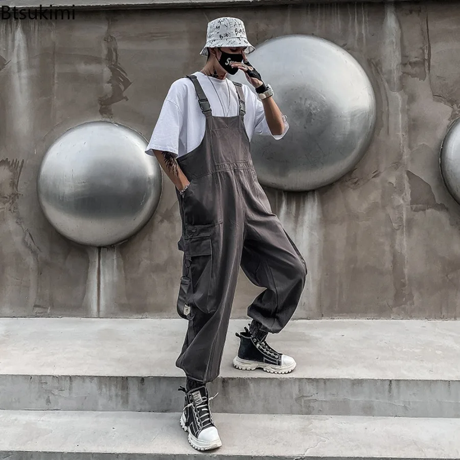2025 New Men's Jumpsuits Fashion Casual Loose Wide Leg Overalls Streetwear Solid Insert Pockets Vintage Hip Hop Strap Pants Male