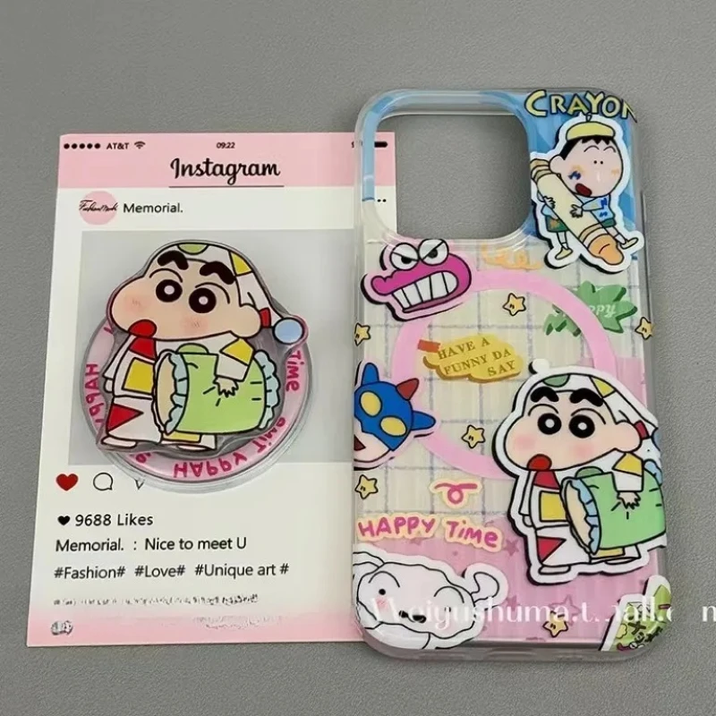 Kawaii аниме Crayon Shin Chan Магнитный держатель Magsafe Чехол для телефона для iPhone 16, 15, 14, 13 Pro Max Жесткий чехол с магнитным кронштейном