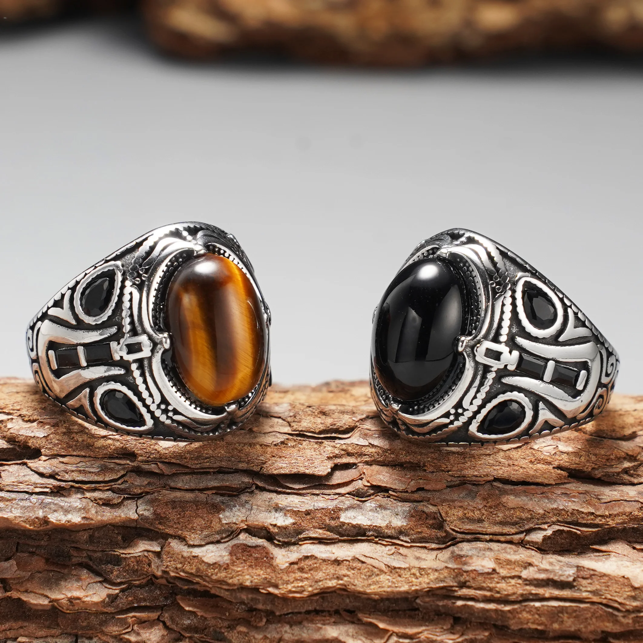 Vintage Totem Engraved Men Signet Ring, Oval Tiger's Eye Black Onyx 316L Stainless Steel Index Finger Gift Accessory