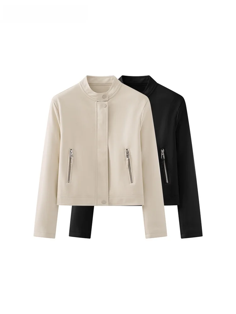 معطف La Chapelle للسيدات بتصميم عتيق لراكبي الدراجات النارية بياقة واقفة من الجلد لون نقي معطف علوي للخريف وصل حديثًا بسحّاب Sve